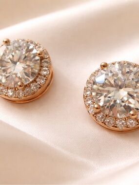 Moissanite Rose Gold Halo Crystal Stud Earrings